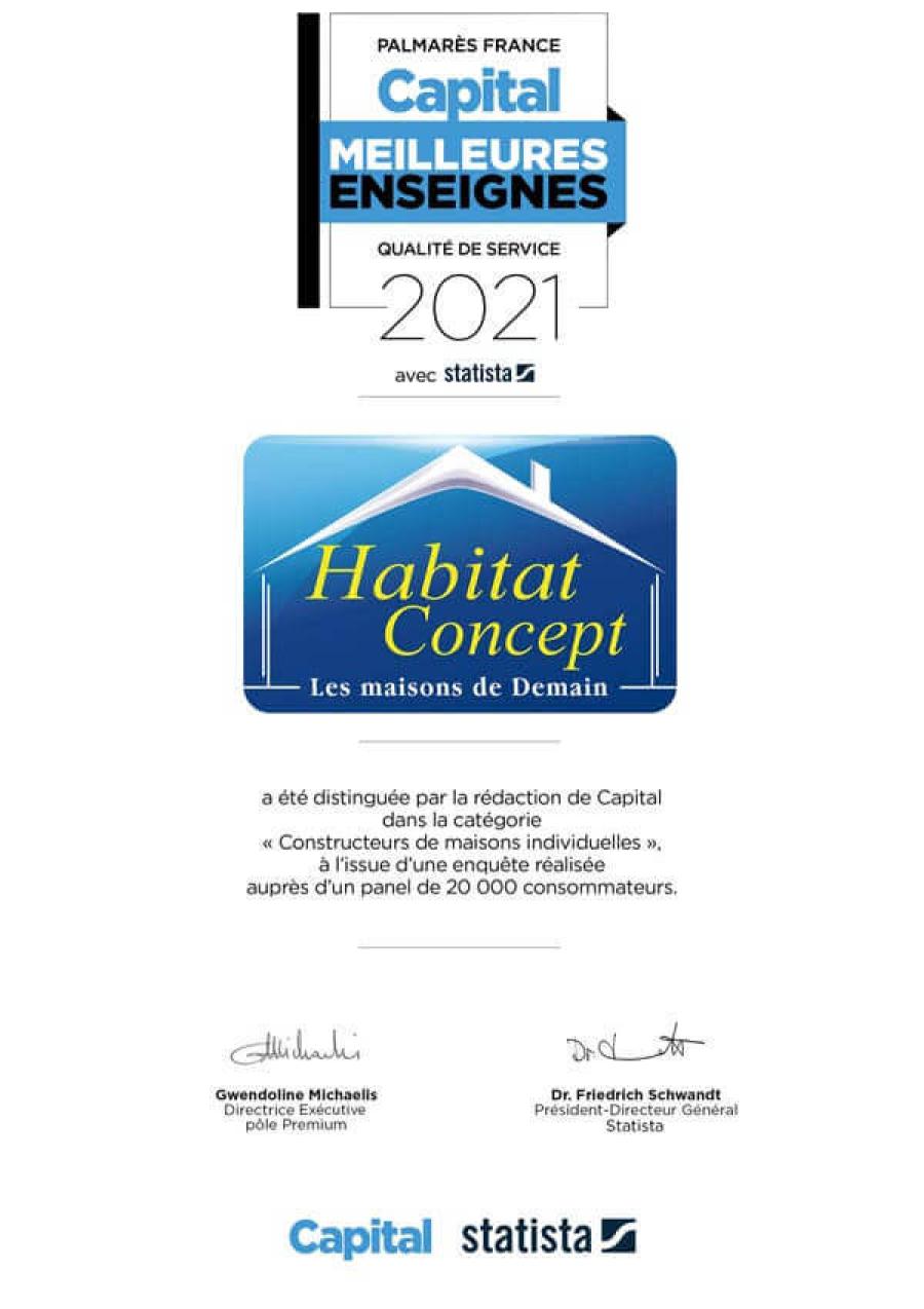 Certificat Habitat Concept meilleure enseigne 2021 catégorie constructeur maisons